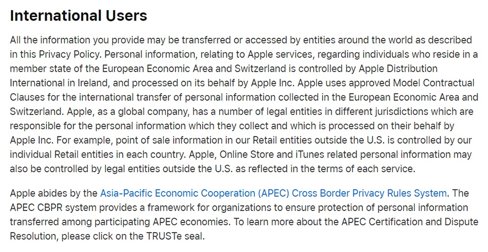 Apple Privacy Policy: International Users clause