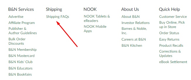 Barnes and Noble website footer links with shipping FAQ highlighted