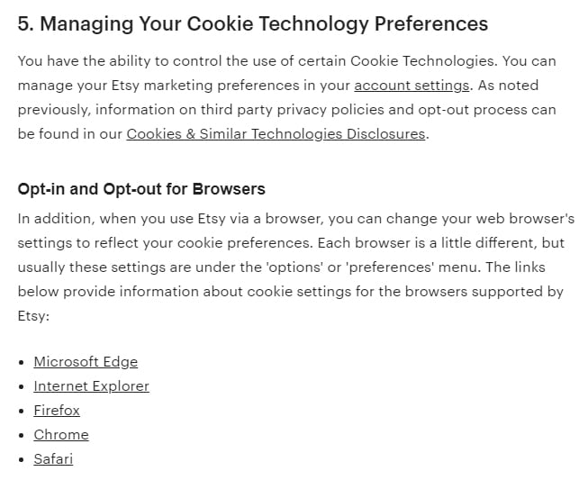 Etsy Cookies and Similar Technologies Policy: Managing Preferences - Browsers clause