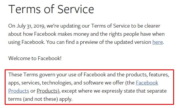 Facebook Terms of Service: Introduction paragraph highlighted