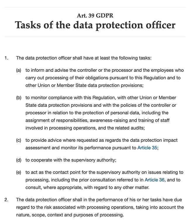 GDPR Info: Article 39 - Tasks of the Data Protection Officer