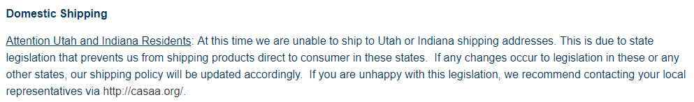 Giant Vapes Shipping Policy: Domestic Shipping restrictions section