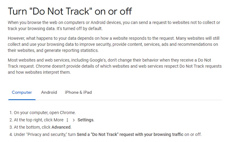 Google Chrome DNT instructions