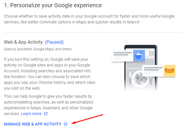 Google Privacy Checkup: Web and App Activity