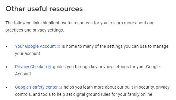 Google Privacy and Terms: Excerpt of Other Useful Resources links clause