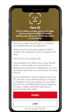 HSBC mobile: Screenshot of Enable Face ID screen