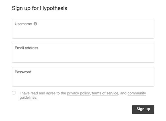 Hypothesis sign-up form with checkbox to agree to Privacy Policy and Terms