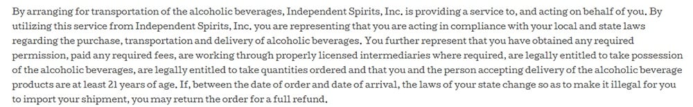 Independent Spirits Terms and Conditions: Clause about accepting delivery with age verification