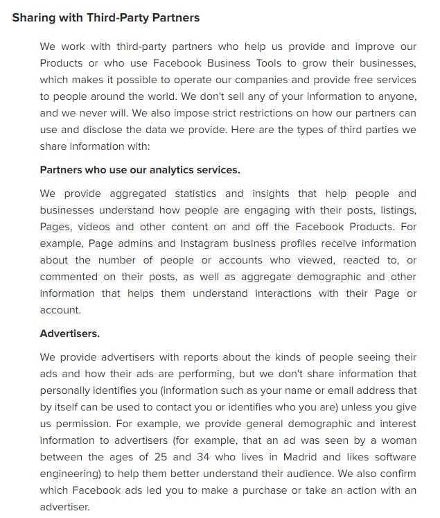 Instagram Data Policy: Sharing with Third-party Partners clause excerpt