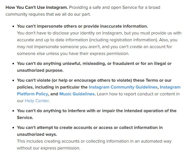 Instagram Terms of Use: Excerpt of How You Can&#039;t Use Instagram clause