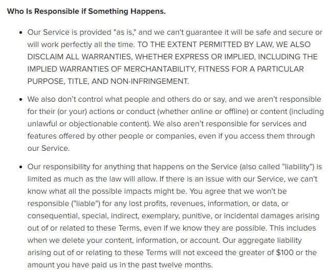 Instagram Terms of Use: Limitation of Liability clause excerpt