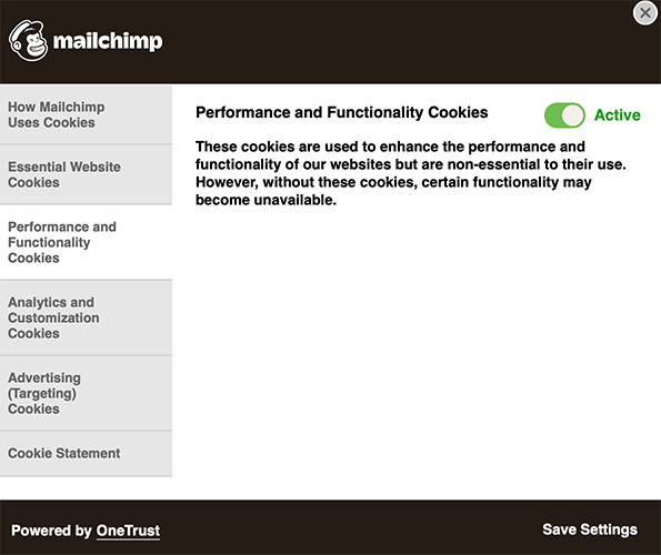 Mailchimp cookie settings interface