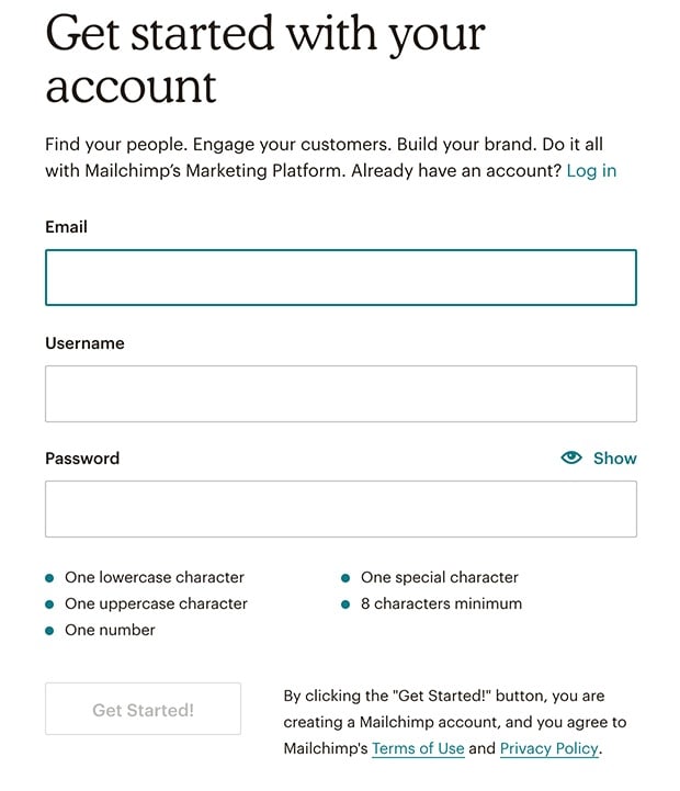 Mailchimp Create Account form