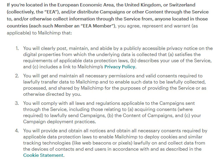 Mailchimp Standard Terms of Use: Compliance with Laws clause - EEA excerpt