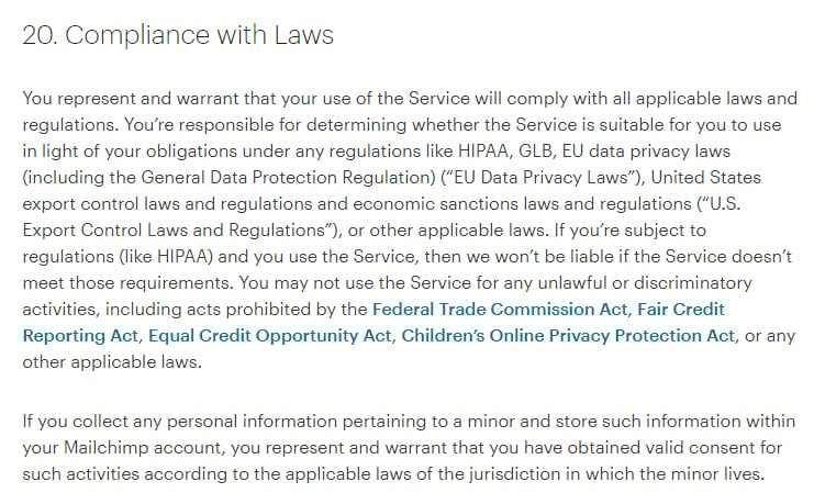 Mailchimp Standard Terms of Use: Compliance with Laws clause