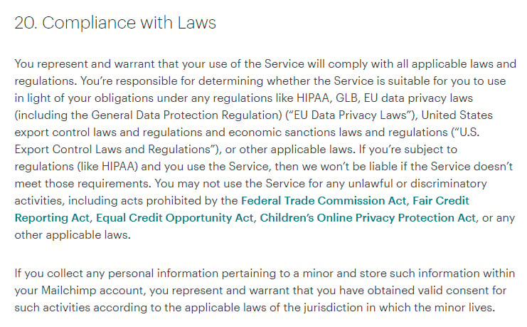 Mailchimp Standard Terms of Use: Compliance with Laws clause