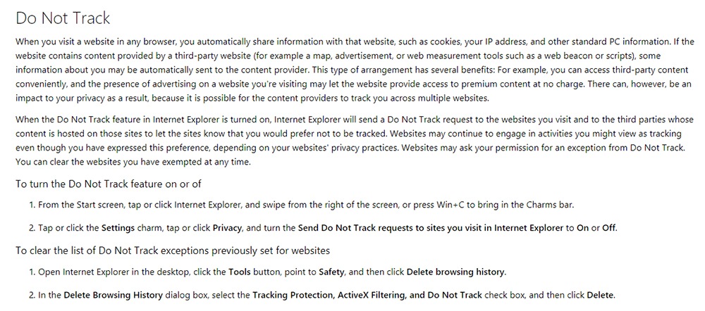 Microsoft Internet Explorer Privacy Statement: DNT clause