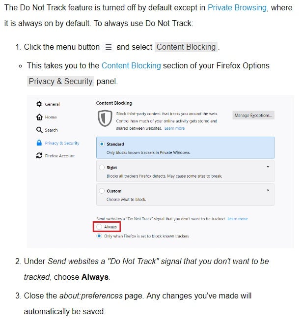 Mozilla Firefox DNT instructions screenshot