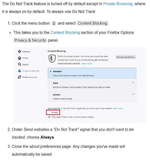 Mozilla Firefox DNT instructions screenshot