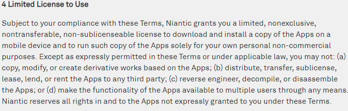 Niantic Terms of Use: Limited License to Use clause