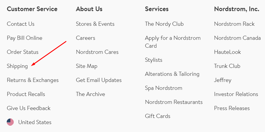 Nordstrom website footer links with Shipping Policy highlighted