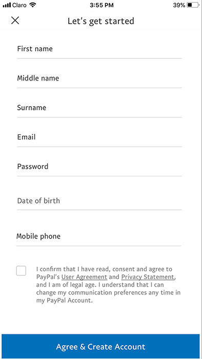 PayPal app create account form with checkbox