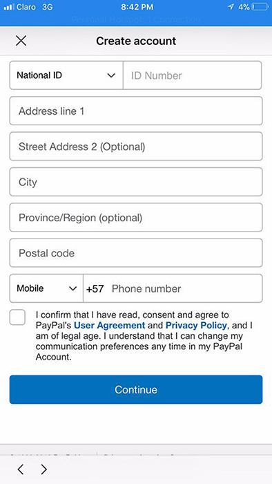 PayPal app create account screen