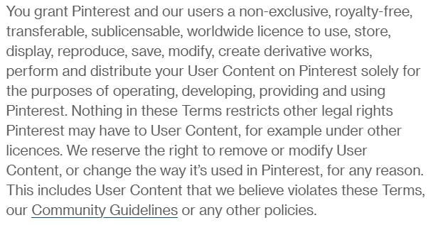 Pinterest Terms of Service: Use of Your Content clause