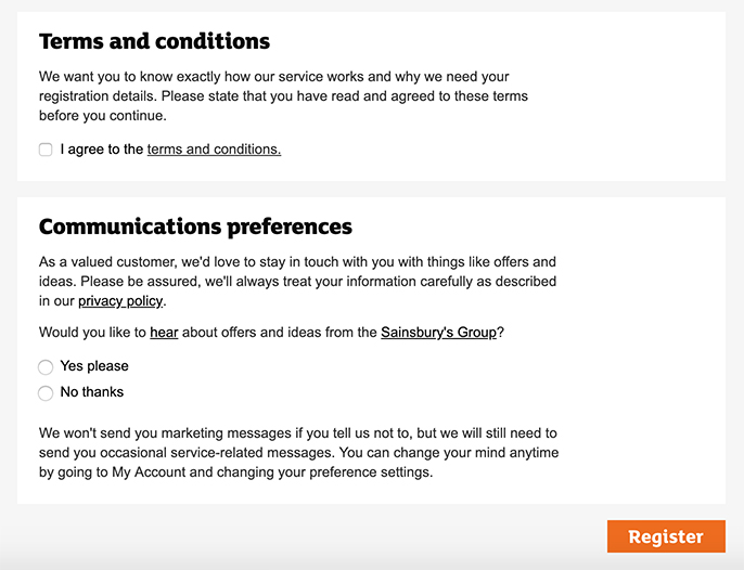 Sainsburys Register form with checkboxes for consent to Terms and Conditions and marketing messages