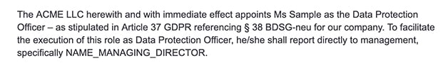 Sample GDPR DPO appointment letter: Intro section mentioning GDPR and DPO manager