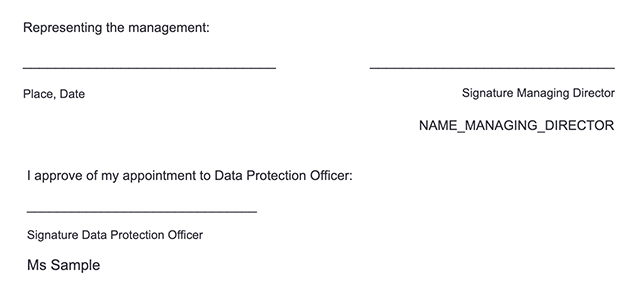 Sample GDPR DPO appointment letter: Signatures section