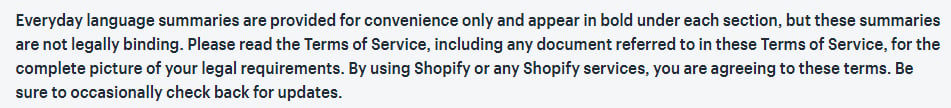 Shopify Terms of Service: Use of service equals agreement to Terms clause