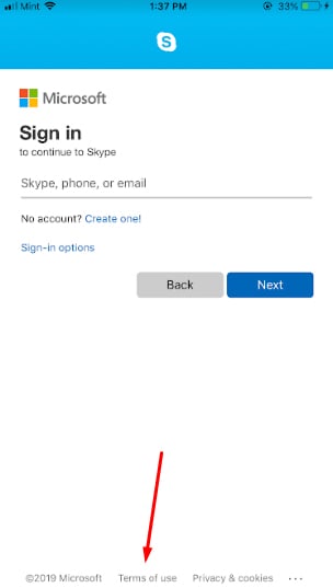 Skype app: Sign-in screen with Terms of Use highlighted