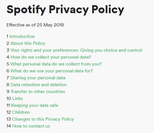 Spotify Privacy Policy Table of Contents