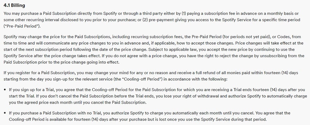 Spotify Terms and Conditions: Billing clause