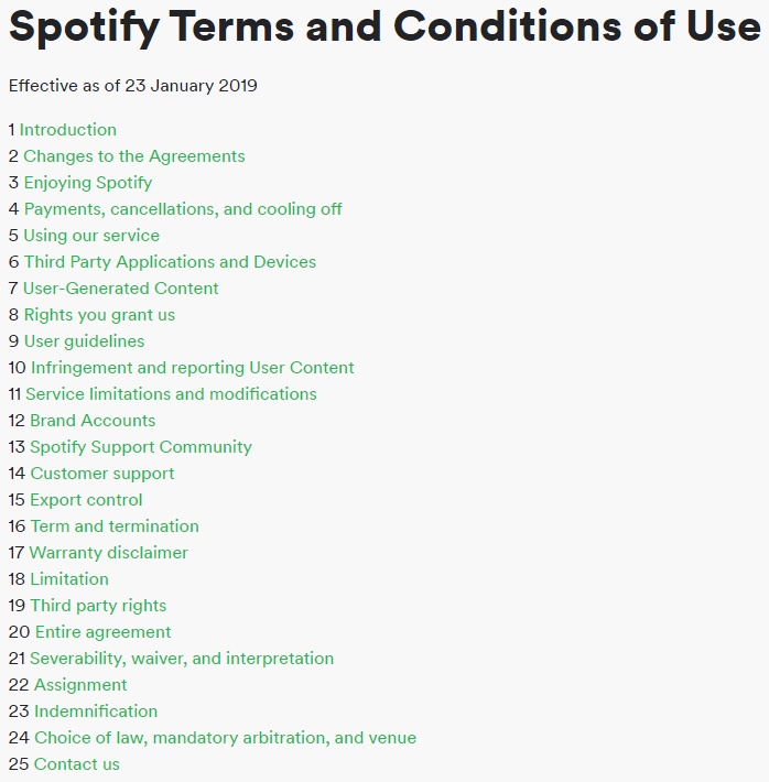 Spotify Terms and Conditions Table of Contents
