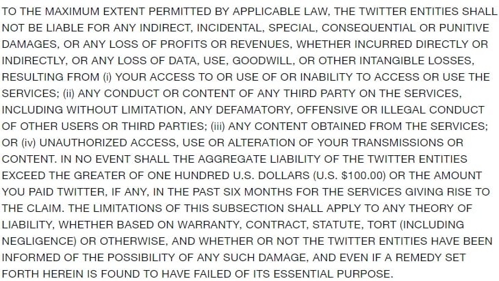 Twitter Terms of Use: Warranty disclaimer clause