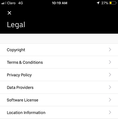 Uber app Legal menu screenshot