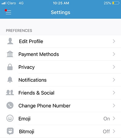 Venmo app Settings menu screenshot