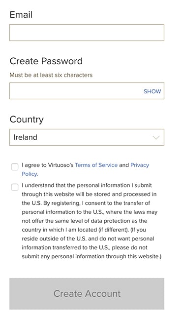 Virtuoso: Create Account form with checkboxes for consent to Terms of Service Privacy Policy and international data transfer