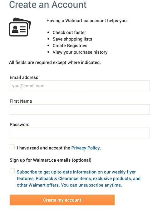 Walmart Canada create account form with checkbox to agree to Privacy Policy and subscribe to emails