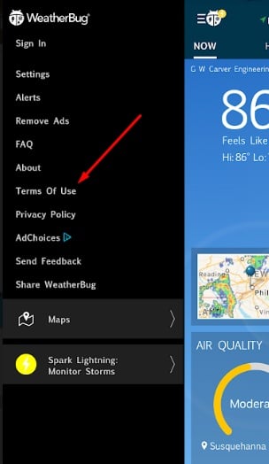 WeatherBug app menu with Terms of Use highlighted