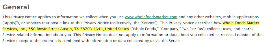 Whole Foods Privacy Notice: General clause with contact information highlighted