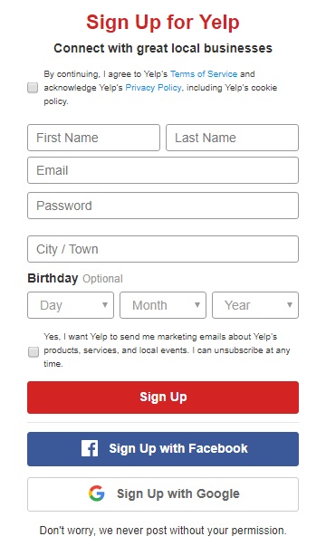 Yelp sign-up form