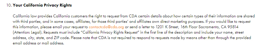 CDA Privacy Policy: Your California Privacy Rights clause