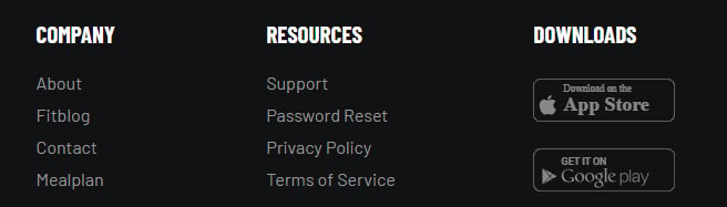 Fitplan App download page: Footer links