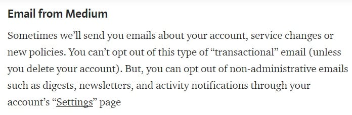 Medium Privacy Policy: Email from Medium opt-out clause