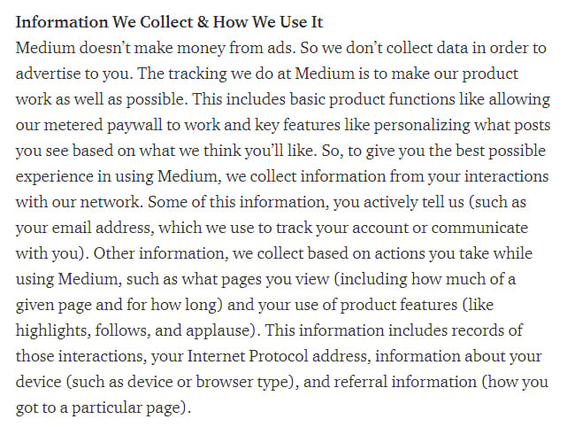 Medium Privacy Policy: Excerpt of clause about Information We Collect and How We Use it