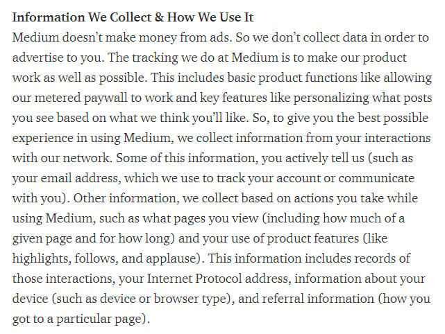 Medium Privacy Policy: Excerpt of clause about Information We Collect and How We Use it