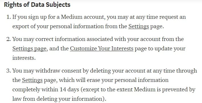 Medium Privacy Policy: Excerpt of Rights of Data Subjects clause